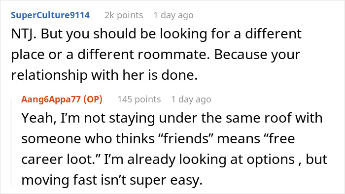 Screenshot of an online discussion about emailing roommates and a boss who stole a portfolio, focusing on relationship issues.