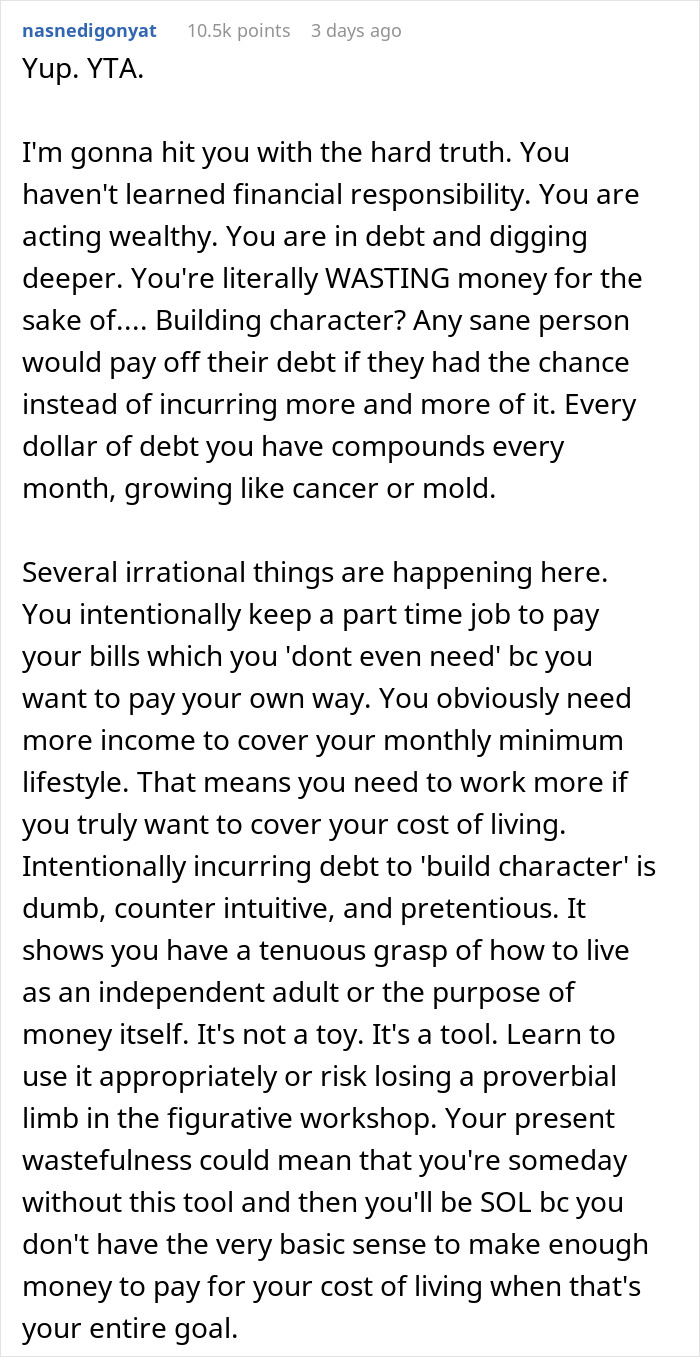 Comment discussing a wealthy woman&rsquo;s financial irresponsibility and failing to read the room on privilege.