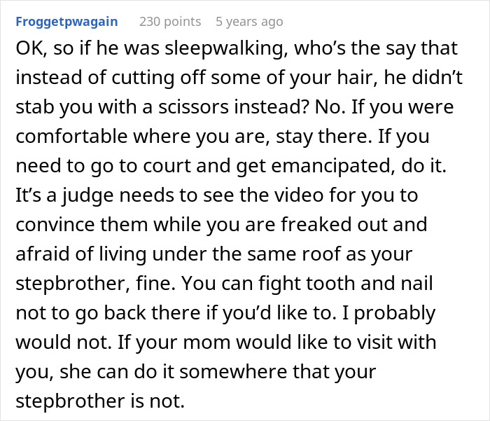 Comment discussing concerns about a creepy teen cutting step-sister&rsquo;s hair and the parents&rsquo; dismissive attitude.