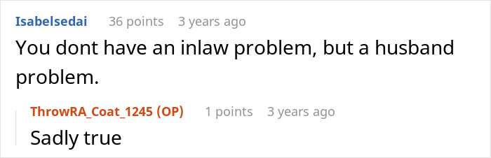Screenshot of a Reddit comment discussing issues with in-laws and husband problems in a family conflict context. Screenshot of a Reddit comment discussing issues with in-laws and husband problems in a family conflict context.