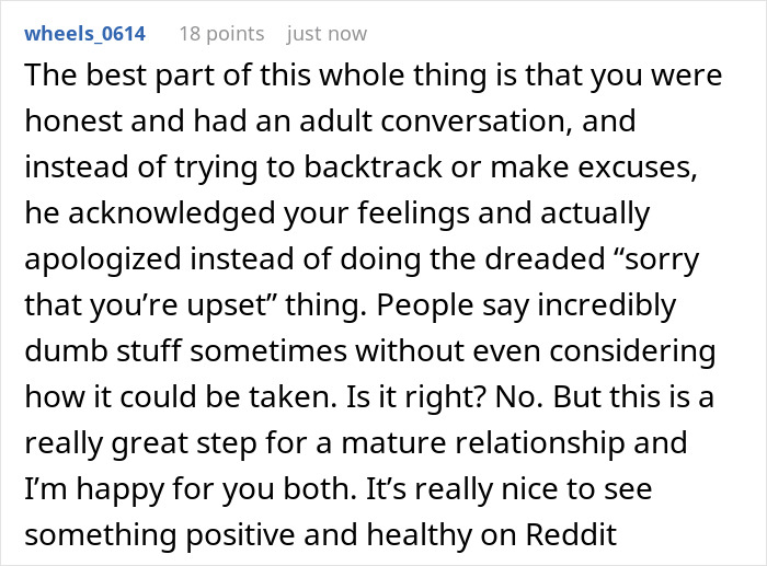 Screenshot of a Reddit comment praising honest communication in a mature relationship about wife realizing hubby downgraded from gorgeous. Screenshot of a Reddit comment praising honest communication in a mature relationship about wife realizing hubby downgraded from gorgeous.
