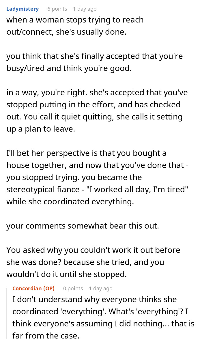 Screenshot of online discussion about a man trying to understand why his fianc&eacute;e left him and relationship effort issues.