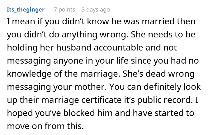 Comment discussing a woman&rsquo;s relationship and a surprising text from her boyfriend&rsquo;s wife about marriage and accountability.