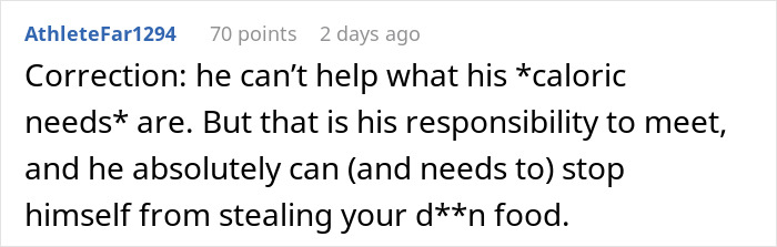 Screenshot of a Reddit discussion about a guy paying half for meals but taking more than his share of groceries.