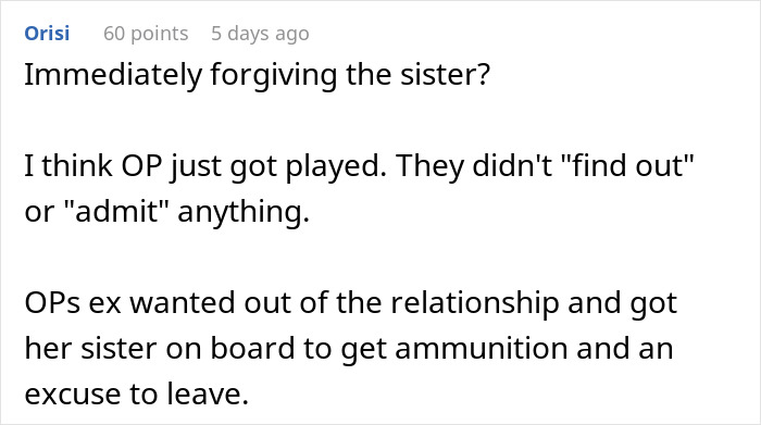 Comment discussing a man cheating on girlfriend with her sister and the sisters planning to teach him a lesson. Comment discussing a man cheating on girlfriend with her sister and the sisters planning to teach him a lesson.