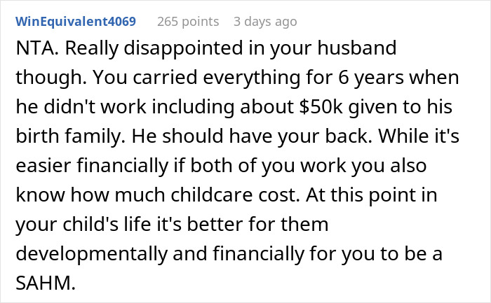 Screenshot of a Reddit comment discussing a woman kicking her husband's entitled family out after job criticism. Screenshot of a Reddit comment discussing a woman kicking her husband's entitled family out after job criticism.