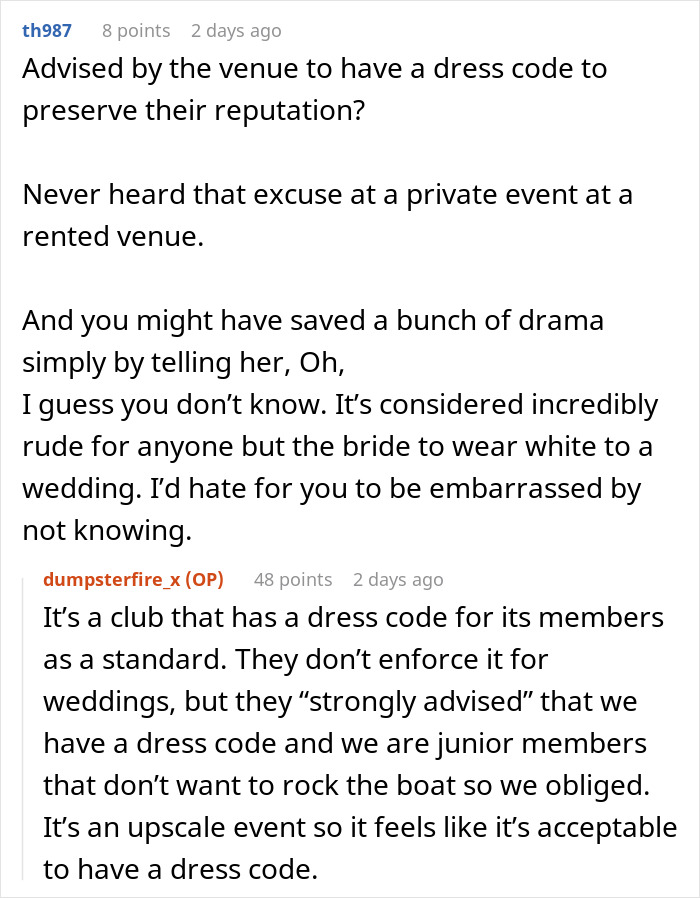Forum conversation discussing woman&rsquo;s dress color choice and wedding dress code etiquette at a private event venue.