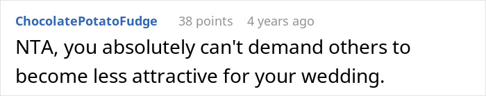 Screenshot of a forum comment discussing bride furious at sister who worked out and looks good at her wedding. Screenshot of a forum comment discussing bride furious at sister who worked out and looks good at her wedding.