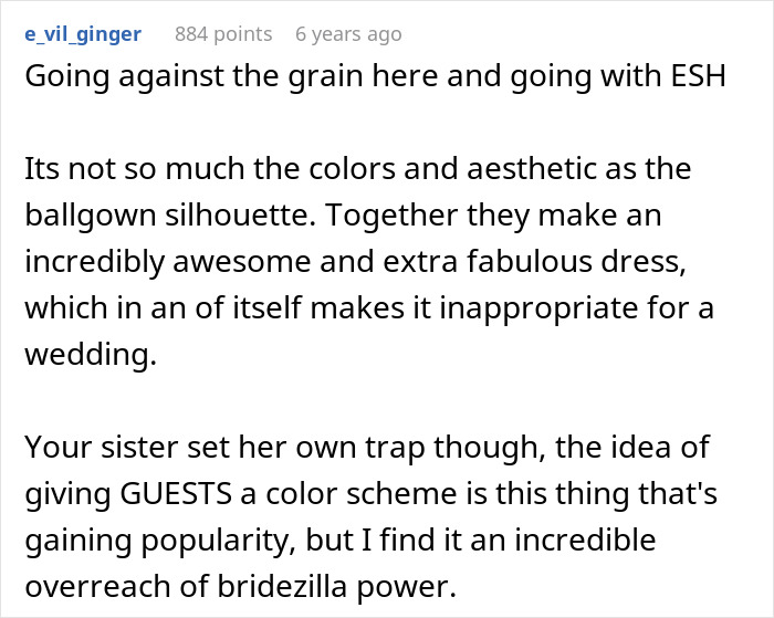 Comment discussing outfit choice causing wedding drama, highlighting the controversial ballgown silhouette and sister&rsquo;s color scheme demands.