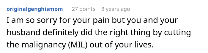 Screenshot of a comment discussing a MIL secretly DNA testing grandkid and the backlash she faces from family members.