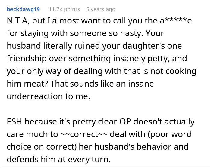 Comment criticizing vegan-hating husband for ruining daughter&rsquo;s friendship, with wife still defending him in discussion.