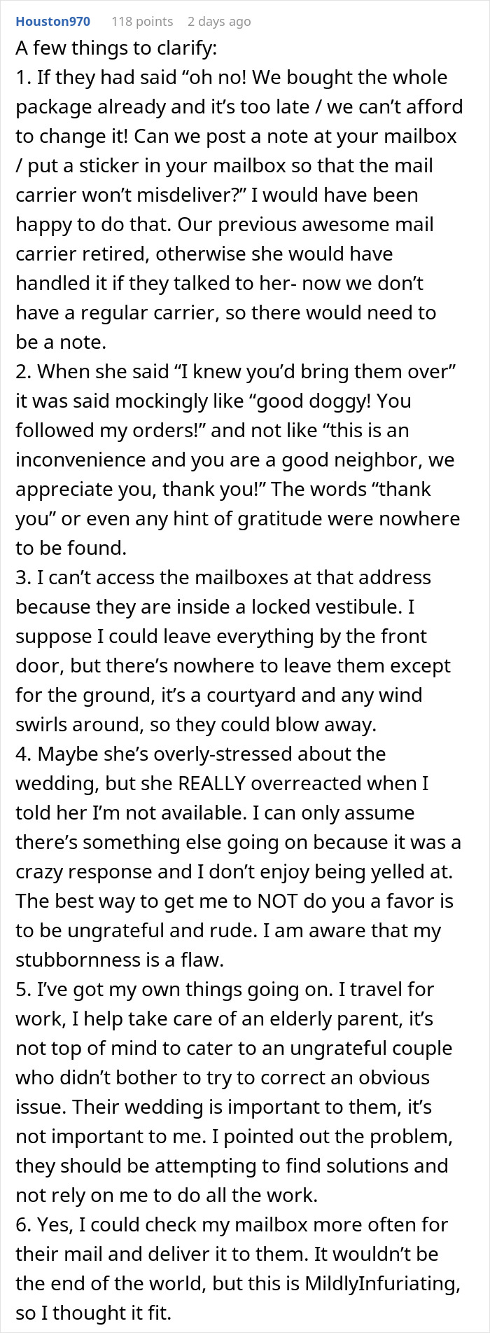 Text post discussing issues with couple&rsquo;s fancy wedding invites being misdelivered and neighbor expected to deliver them