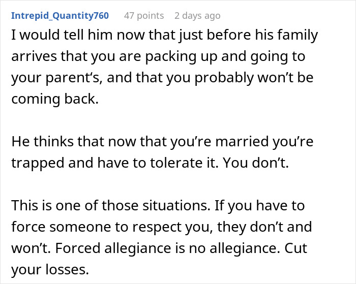 Comment advising a wife feeling hurt and disrespected after husband approves family&rsquo;s 6-week stay without asking her.