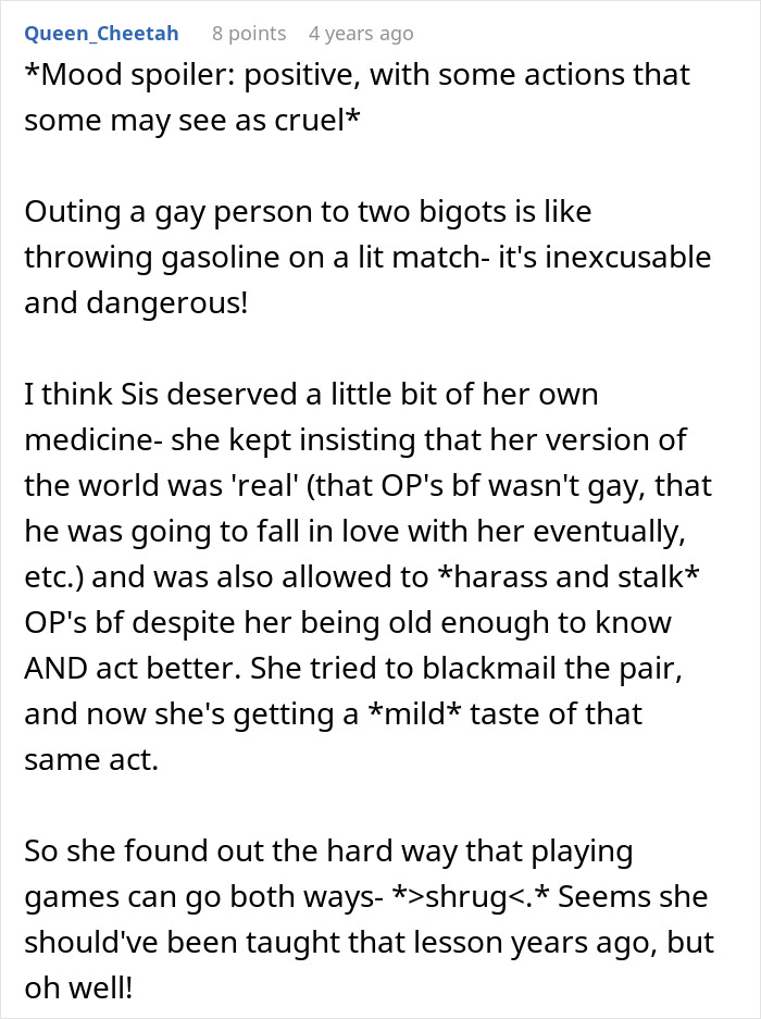 Comment discussing guy&rsquo;s sister catching him with secret boyfriend and the resulting conflict between them.