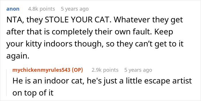 Reddit conversation about a woman called a spoiled brat for crying to her sheriff dad about neighbors stealing her cat.
