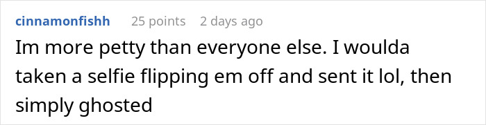 Text comment on a white background discussing being petty and trusting gut instinct in a suspicious context.