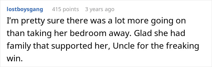 Comment text discussing a teen daughter being evicted from her bedroom by dad, sparking a family crisis.