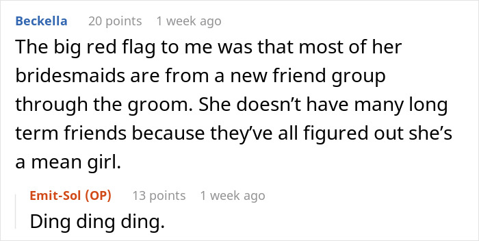 Comment discussing a bride&rsquo;s obsession with control causing loss of two close friendships before the wedding.