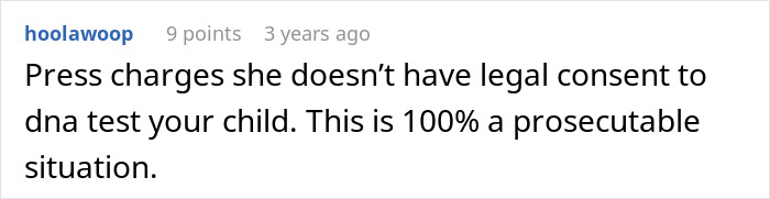 Comment discussing legal issues and consent related to secretly DNA testing a grandchild without permission.