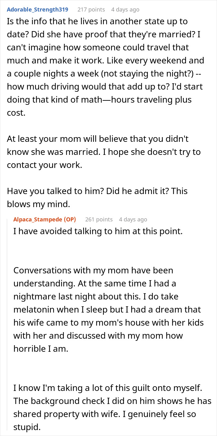 Reddit user discusses discovering boyfriend's wife after a text and feeling guilt in a complicated relationship situation.