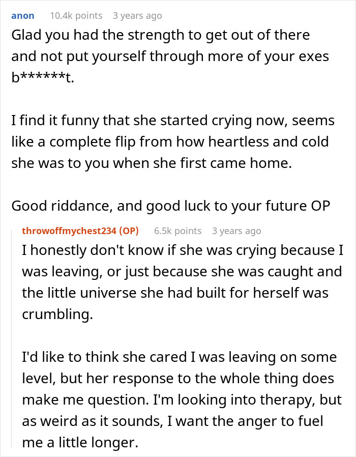 Alt text: Reddit conversation about a woman admitting to cheating multiple times and husband confronting her parents before leaving.