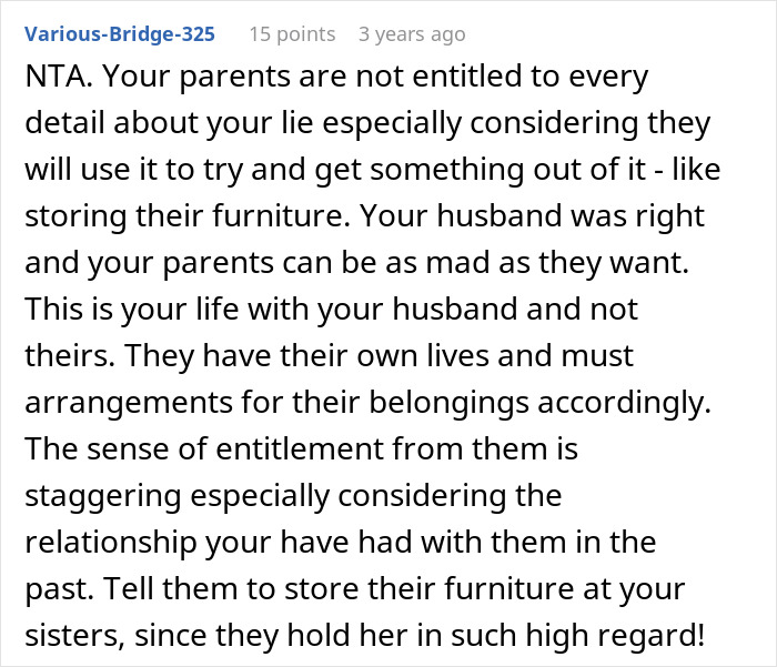 Screenshot of an online comment discussing parents being mad about daughter buying a house secretly and their sense of entitlement.