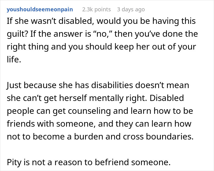 Comment discussing boundaries and friendship involving a woman trying to make a friend fall in love and getting blocked.