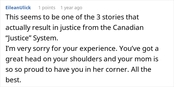 Comment on Reddit mentioning justice from Canadian system and expressing sympathy about husband refusing chemotherapy and daughter seeking revenge.