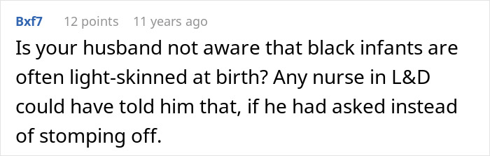 Comment discussing misconceptions about newborn skin tone related to a secret paternity test for a newborn baby.
