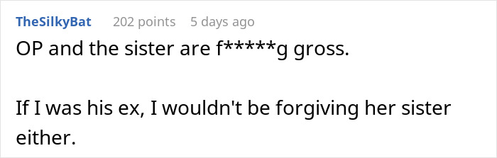 Comment discussing a man cheating on his girlfriend with her sister and the resulting backlash from both women. Comment discussing a man cheating on his girlfriend with her sister and the resulting backlash from both women.