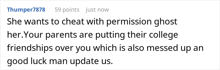 Comment on Reddit about girlfriend wanting an open relationship and parents turning against the boyfriend.
