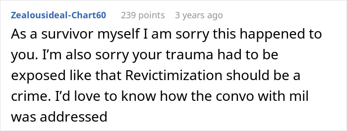 Comment apologizing to a survivor and questioning how the conversation with MIL about secret DNA testing was handled.