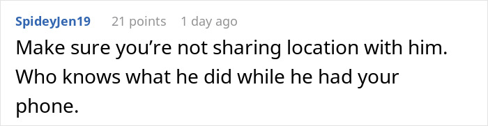 Comment on a social platform warning about sharing location, mentioning concern over actions taken with a phone. Comment on a social platform warning about sharing location, mentioning concern over actions taken with a phone.