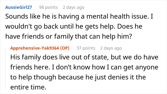 Screenshot of an online discussion where a woman suspects her husband has mental health issues after disturbing texts. Screenshot of an online discussion where a woman suspects her husband has mental health issues after disturbing texts.