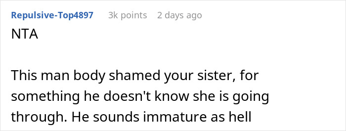Screenshot of a Reddit comment discussing a guy causing a breakup by body shaming his girlfriend&rsquo;s teen sister.