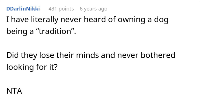 Comment discussing breaking family tradition and opinions about getting a dog being considered a tradition.