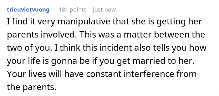 Comment discussing manipulation and parental interference in a relationship after a partner wants an open relationship.