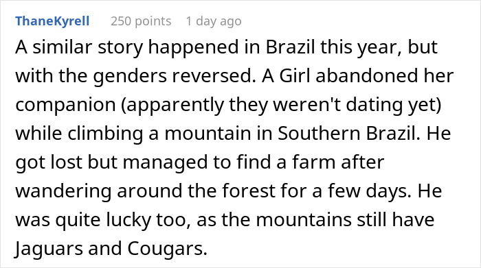 Comment about a girl abandoning her companion during a mountain climb, illustrating men abandoning partners in outdoor activities.