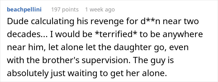 Comment expressing fear and distrust toward brother-in-law, refusing to let daughter be near him for safety reasons. Comment expressing fear and distrust toward brother-in-law, refusing to let daughter be near him for safety reasons.