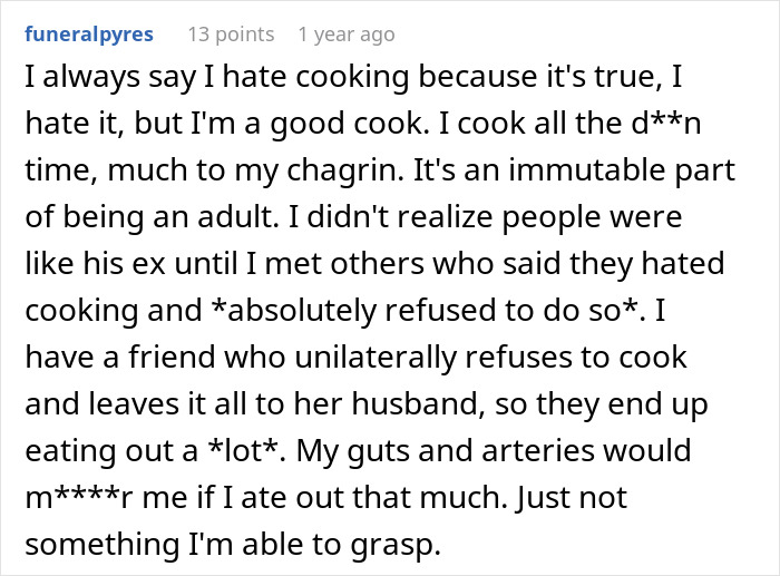 Comment discussing dislike of cooking despite being a good cook, mentioning friends who refuse to cook and rely on partners.