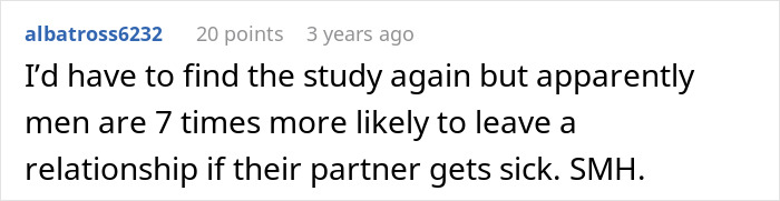 Comment highlighting men being 7 times more likely to leave a relationship when partner gets sick, related to divorce reality check. Comment highlighting men being 7 times more likely to leave a relationship when partner gets sick, related to divorce reality check.