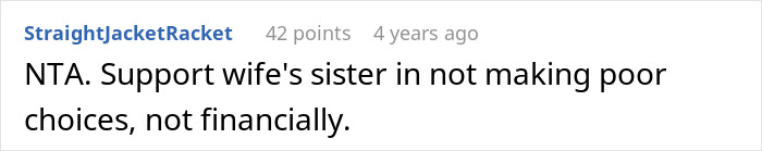 Comment on Reddit post discussing man discovering wife sent money to sister&rsquo;s pyramid scheme, advising support against poor financial choices.