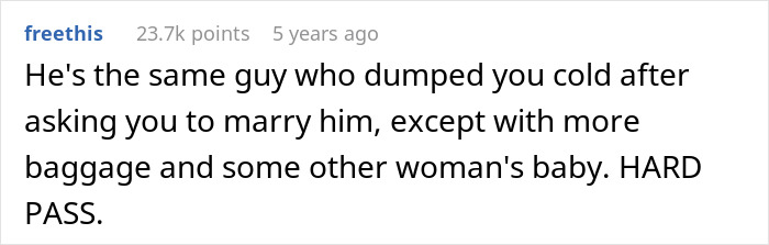 Screenshot of an online comment about a man who falls into deep regret after ditching his fianc&eacute;e to chase the one that got away.