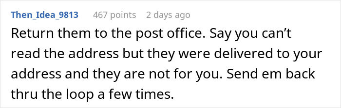 Screenshot of a Reddit comment discussing misdelivered fancy wedding invites and returning them to the post office.