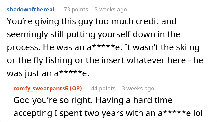 Reddit conversation about men abandoning their partners during outdoor activities, discussing experiences and emotions.