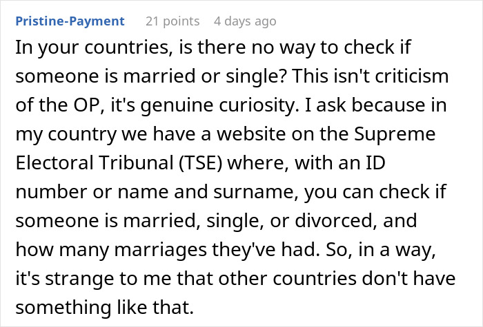 Comment discussing checking marital status online, questioning how other countries verify if someone is married or single.