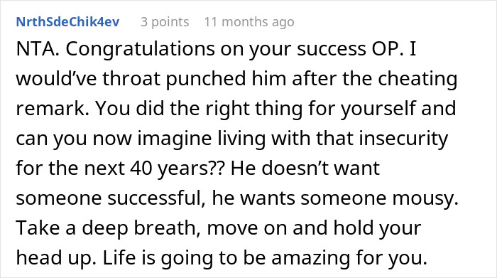 Screenshot of a social media comment supporting a woman whose major career milestone was dismissed by her partner.