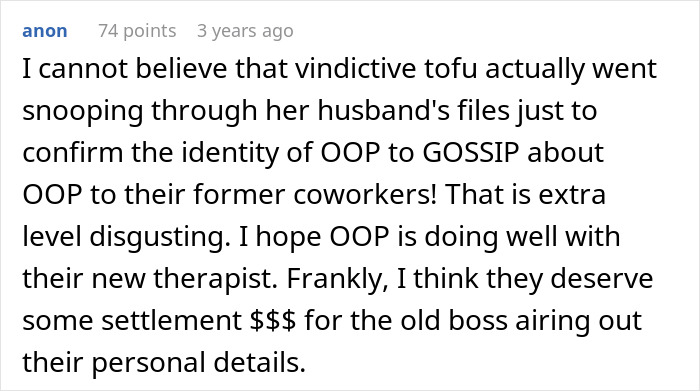 Screenshot of an online comment about a woman confused how coworkers know personal details linked to her therapist being her boss&rsquo;s husband.