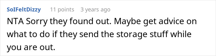 Comment on parents upset daughter bought a house secretly while they were sneaky about storage decisions.