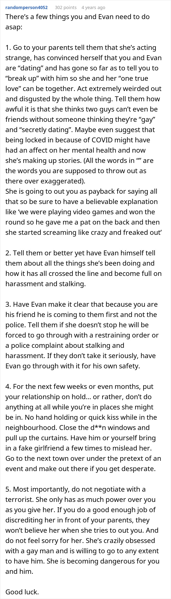 Text post advising how to handle a sister who demands her brother dump his secret boyfriend so she can date him instead